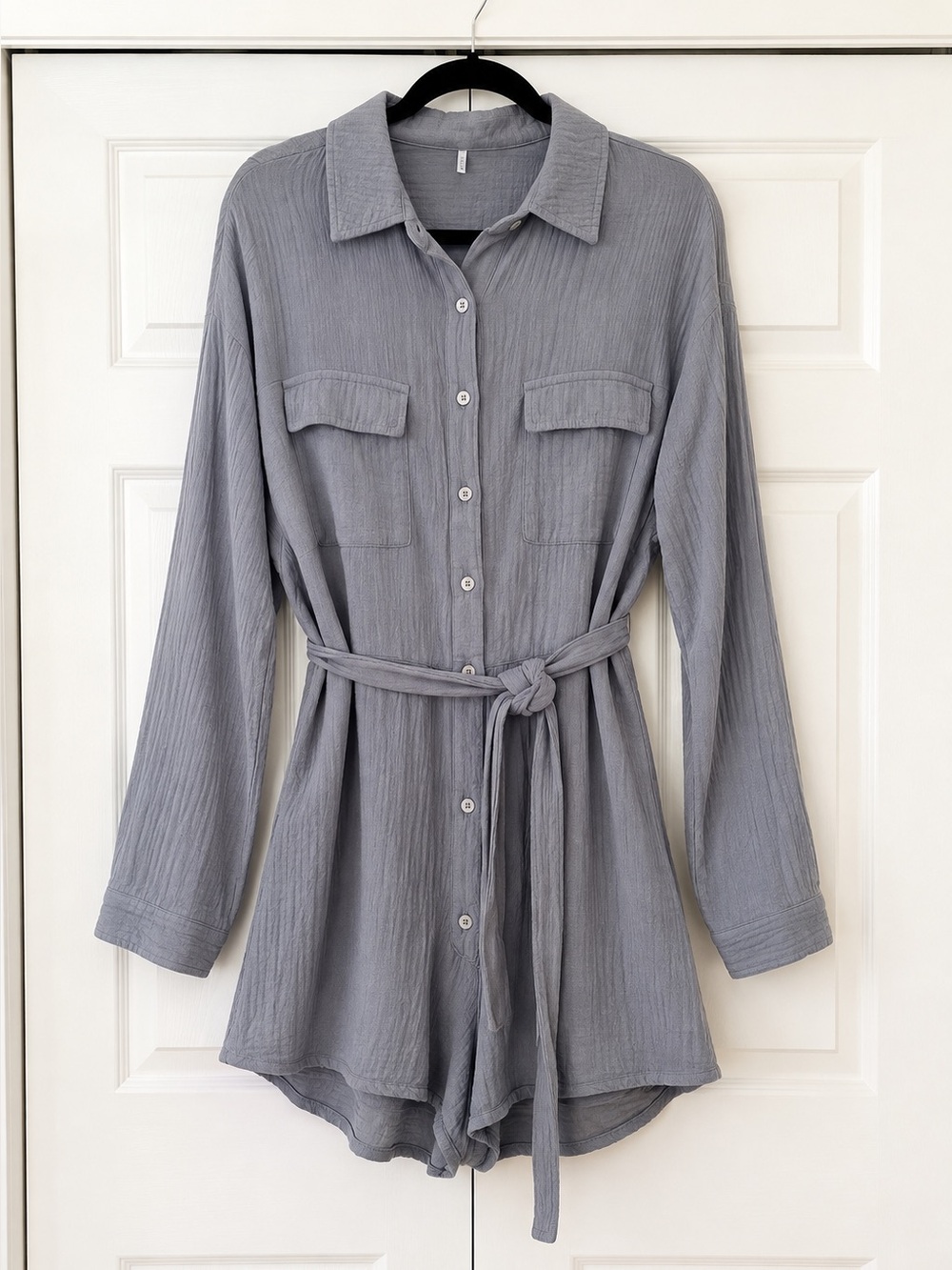 Chic Gray Long Sleeve Romper with Belt